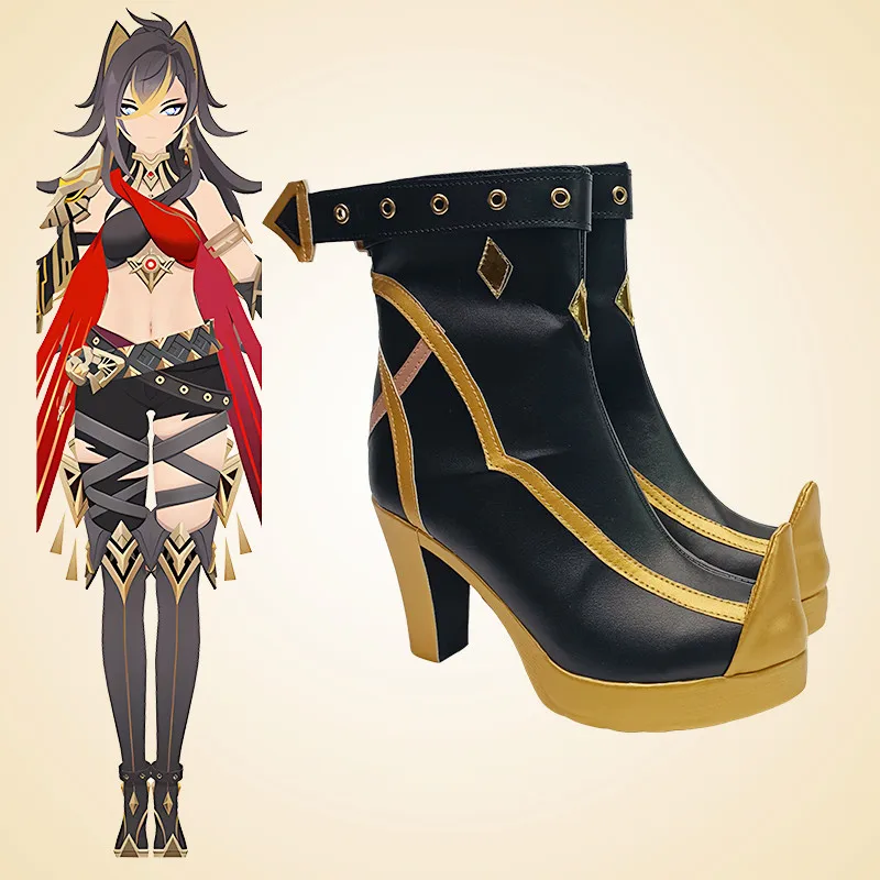 

Game Genshin Impact Dehya Short Boots PU Leather Metal Buckle Laces Cool Mercenary High Heels Boots Cosplay Shoes For Women Girl