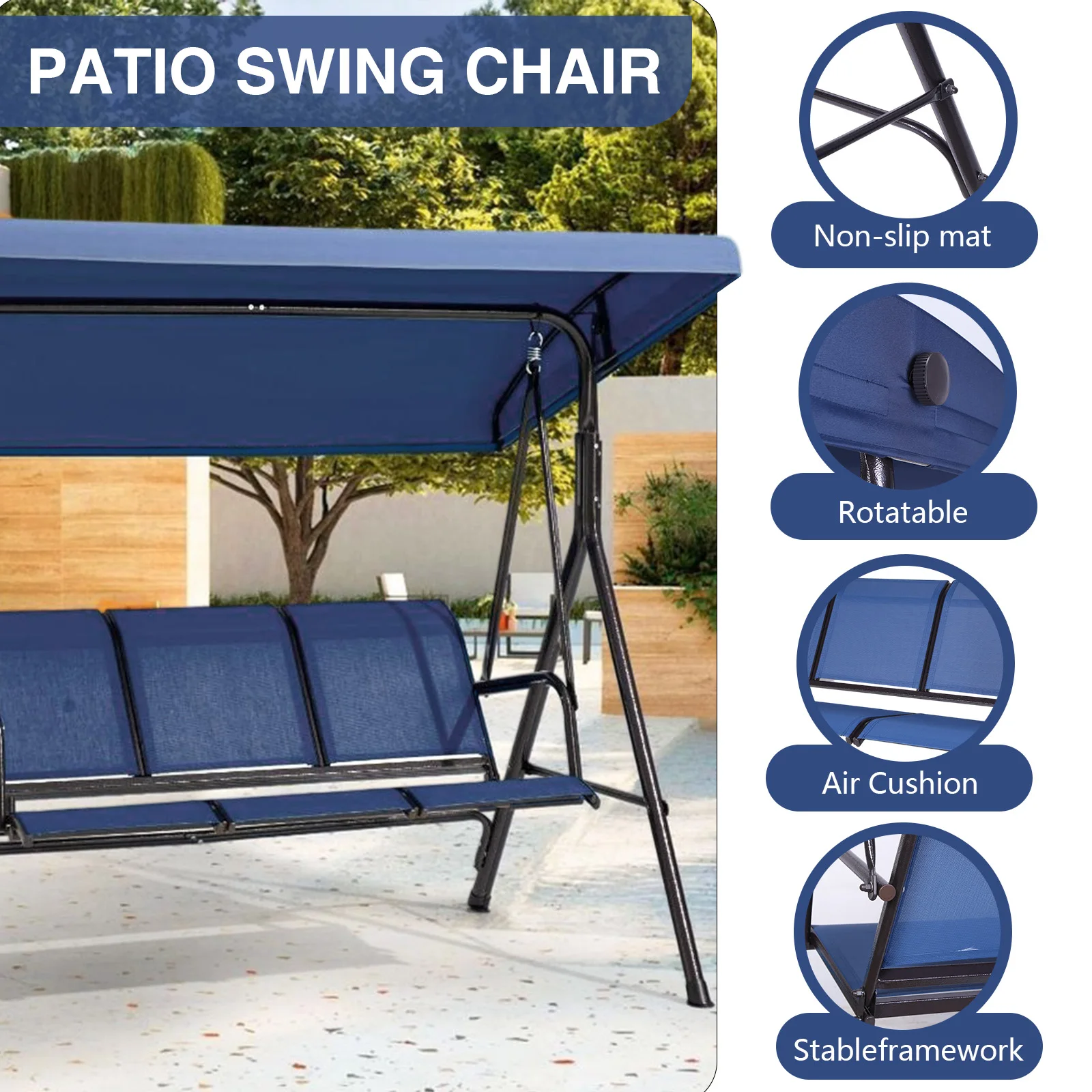 Iron 3 Seat Patio Porch Swing with Adjustable Canopy
