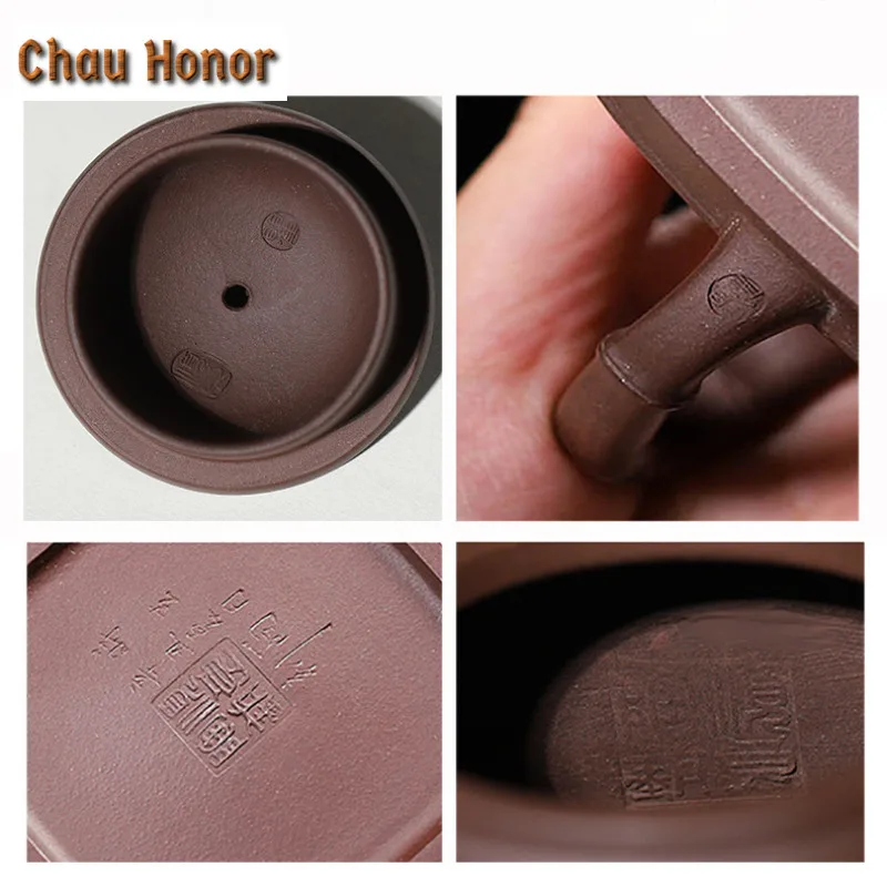 220ml Yixing Purple Clay Teapots Famous Artists Handmade Bamboo Joint Square Pot Raw Ore Mud Kettle Zisha Tea Set Ornaments Gift