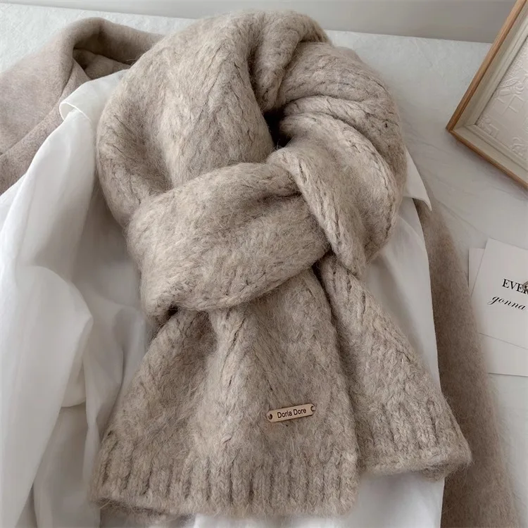 Korean Wool Knit Scarf - Thick Warm Imitation Cashmere Muffler for Women