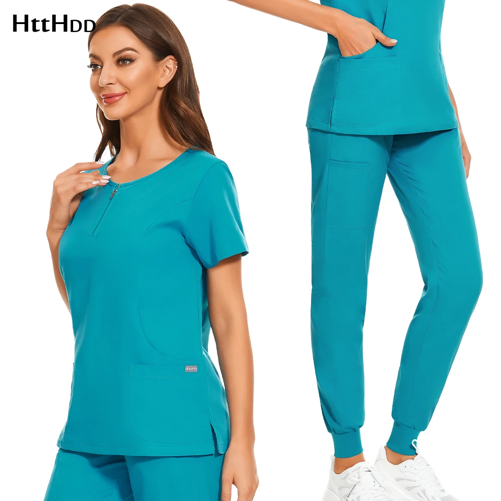Medical Uniform 7 Colors Zipper V-neck Short Sleeve Pocket Nursing Working Top Pants Uniform
