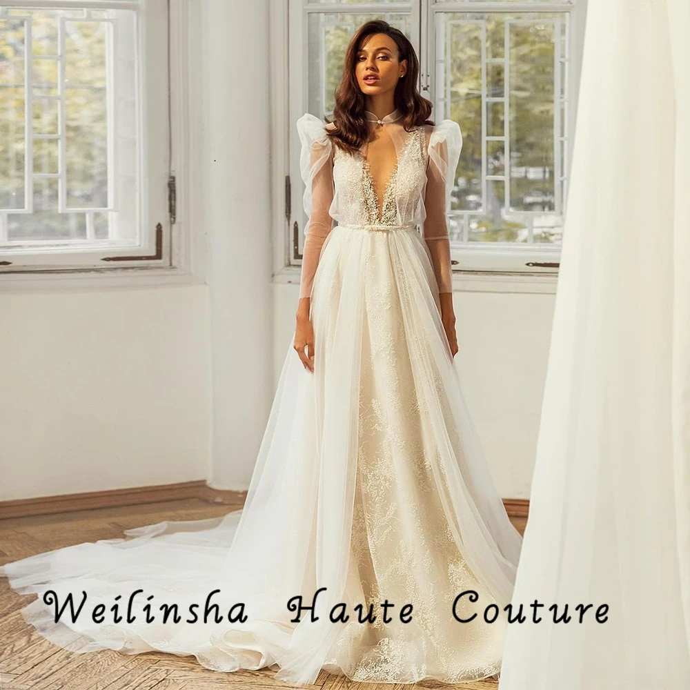 

Weilinsha Sexy V Neck Ivory A Line Wedding Dresses Beading Full Sleeve Belt Sweep Train Bridal Gowns 2022 Summer Robe De Mariée