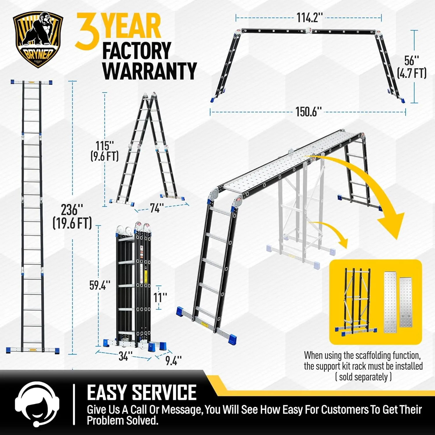 Folding Step Ladder 19.6ft 7 in 1 Multi-Purpose Folding Adjustable Telescoping Aluminium Extension Ladders 330lbs