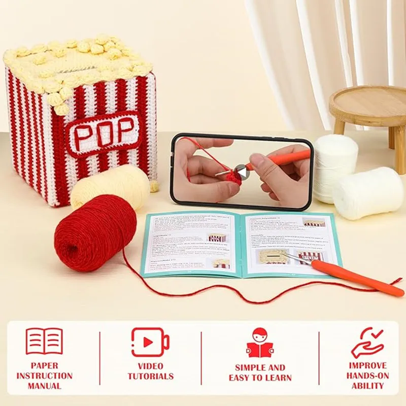 IMZAY Unfinished Crochet Kit for Beginners Knitting Starter Kit Tissue Box Cover Holder with Step-by-Step Video Tutorials