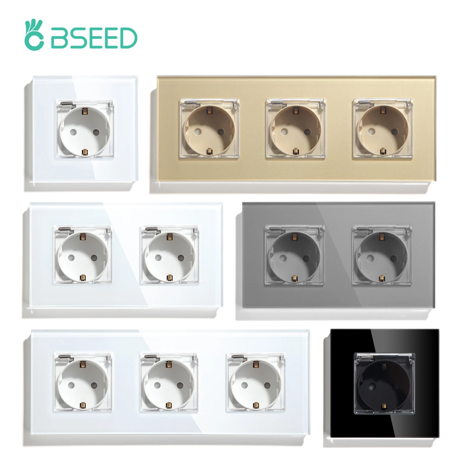 BSEED EU Standard WaterProof Wall Socket Double Power Plug With Cover Triple Outlets Crystal Glass Panel 16A 110V-250V