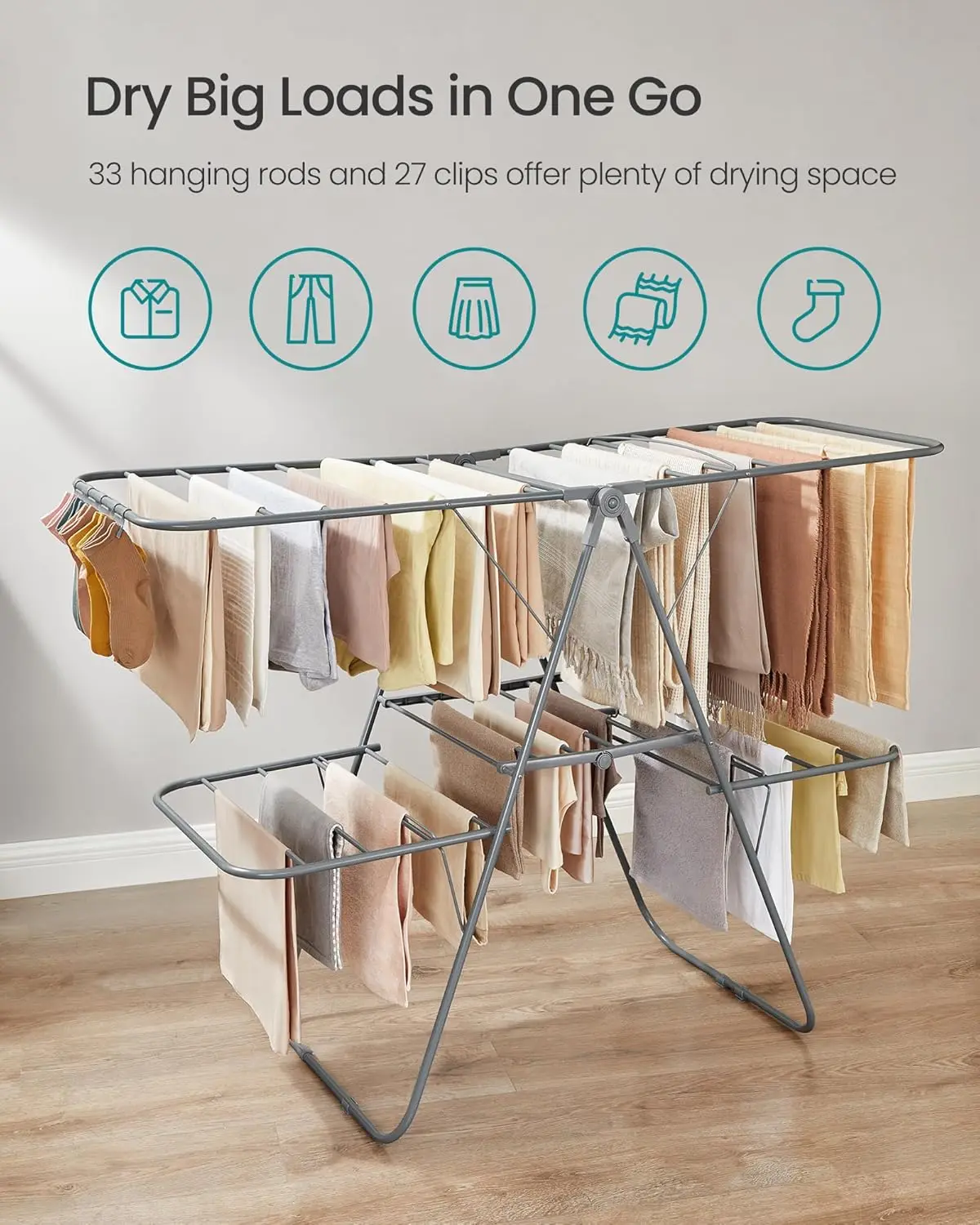 Clothes Drying Rack, Foldable 2-Level Laundry Drying Rack, Free-Standing Laundry Airer, with Height-Adjustable Wings