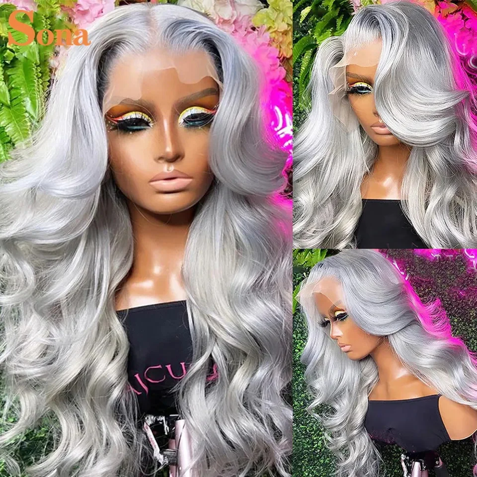 

26 28 30inch Gray Lace Frontal Wigs Human Hair Body Wave Transparent Wavy Grey Lace Front Wig For Women Pre Plucked