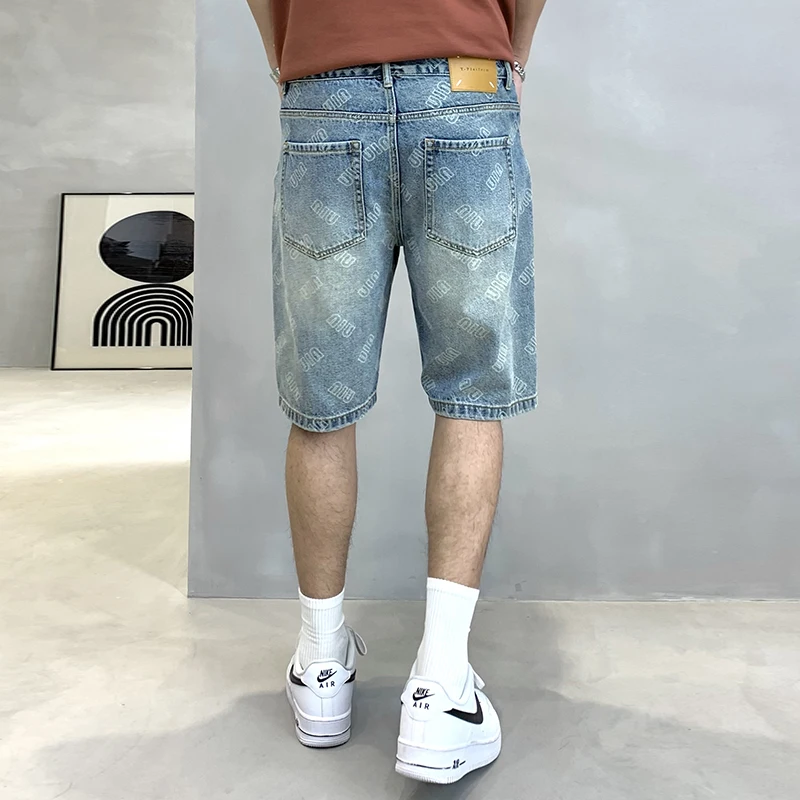 Printed Denim Shorts Men's Summer New High Street Fashion Shorts Korean Style Fashionable Loose Personalized Shorts