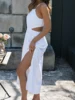 Elegant Women s Sleeveless Maxi Dress with High Split and Hollow Waist Detail for Summer Parties and Casual Wear 1