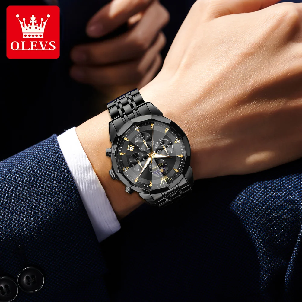 OLEVS 3673 Men's Watch Steel Strap Original Moon Phase Quartz Watch For Men Rhombus Mirror Chronograph Waterproof Man Wristwatch