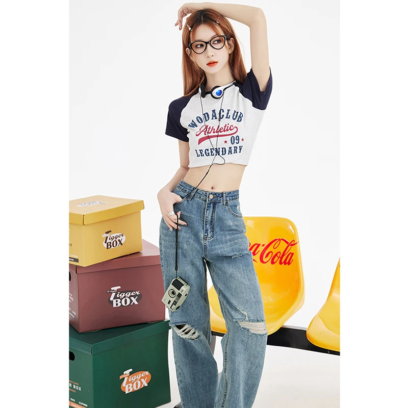 Real time photos of jeans women's blue spring and summer long pants retro high street torn pants thin and trendy insets loose an