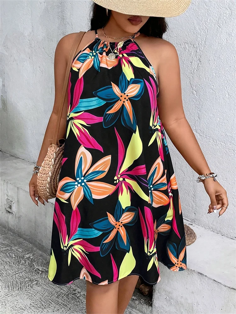 Wmstar Plus Size Dresses for Women Sexy Elegant Print Halter Lacing Summer  Holiday Beach Midi  Dresses Wholesale Dropshipping