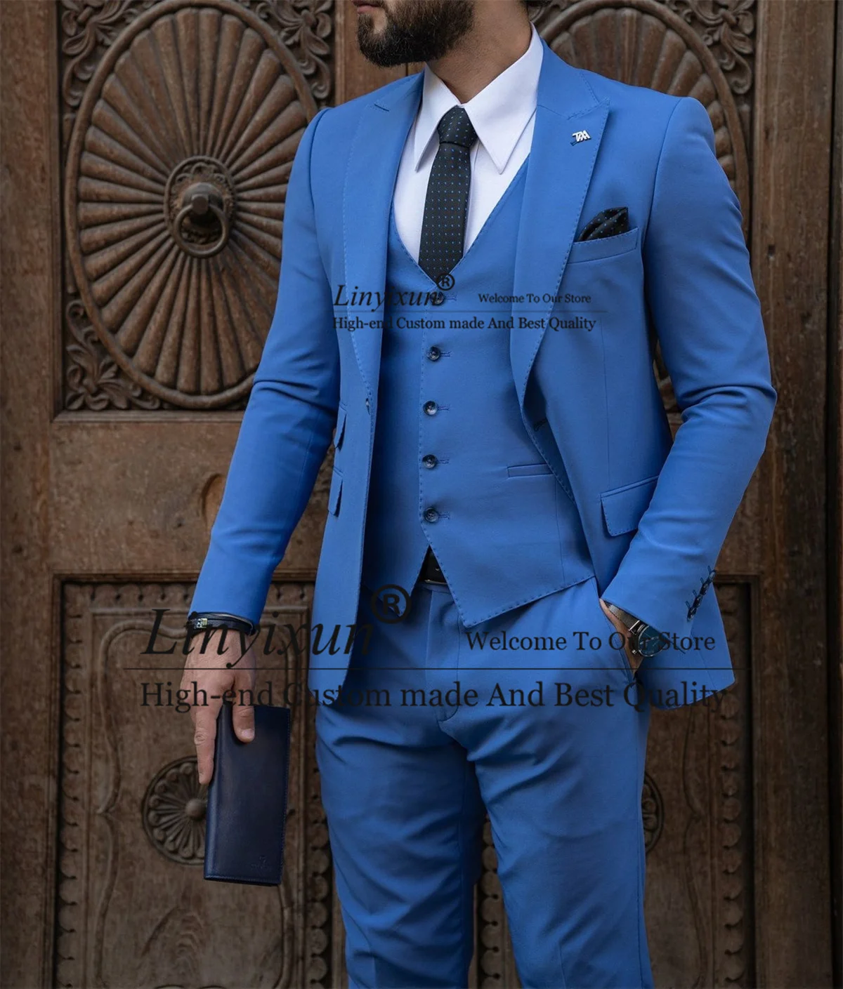 

Fashion Blue Wedding Suits For Men Notch Lapel Groom Tuxedo 3 Pieces Sets Business Male Blazer Slim Fit Groomsmen Costume Homme