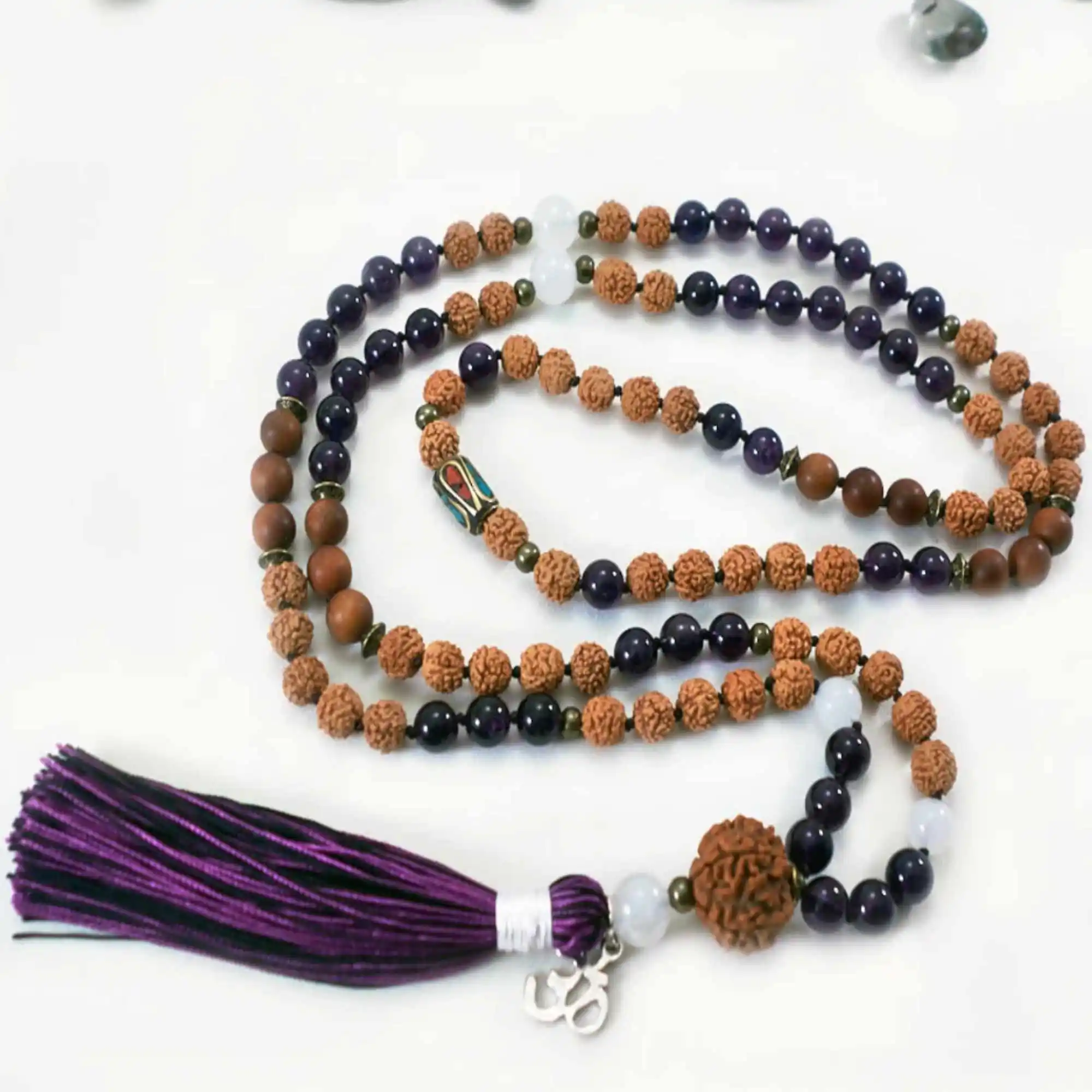 

8mm Natural knot Rudraksha Amethyst Sandalwood beads necklace Beaded Jasper Thanksgiving Day Gift Cuff Fancy Meditation Yoga