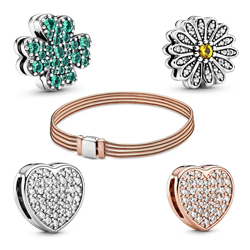 

Brand New Original Pan Reflective Snake Chain Bracelet Heart Shape Clover Sparkling Daisy Flower Clip Charm Ladies Premium Sense