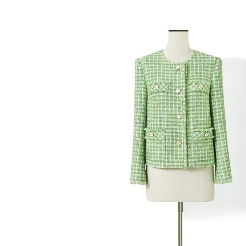 

Green Grid Short Jacket 2023 New Women's Round Neck Fashion Jacket