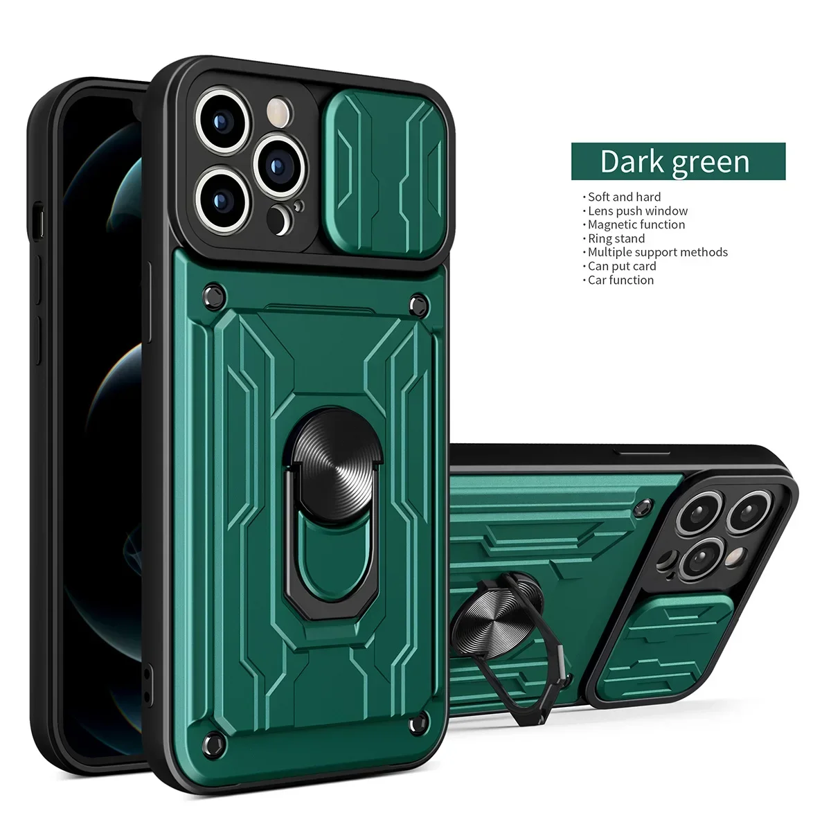 Luxury Shockproof Case with Rotating Metal Ring Stand and Card Slot