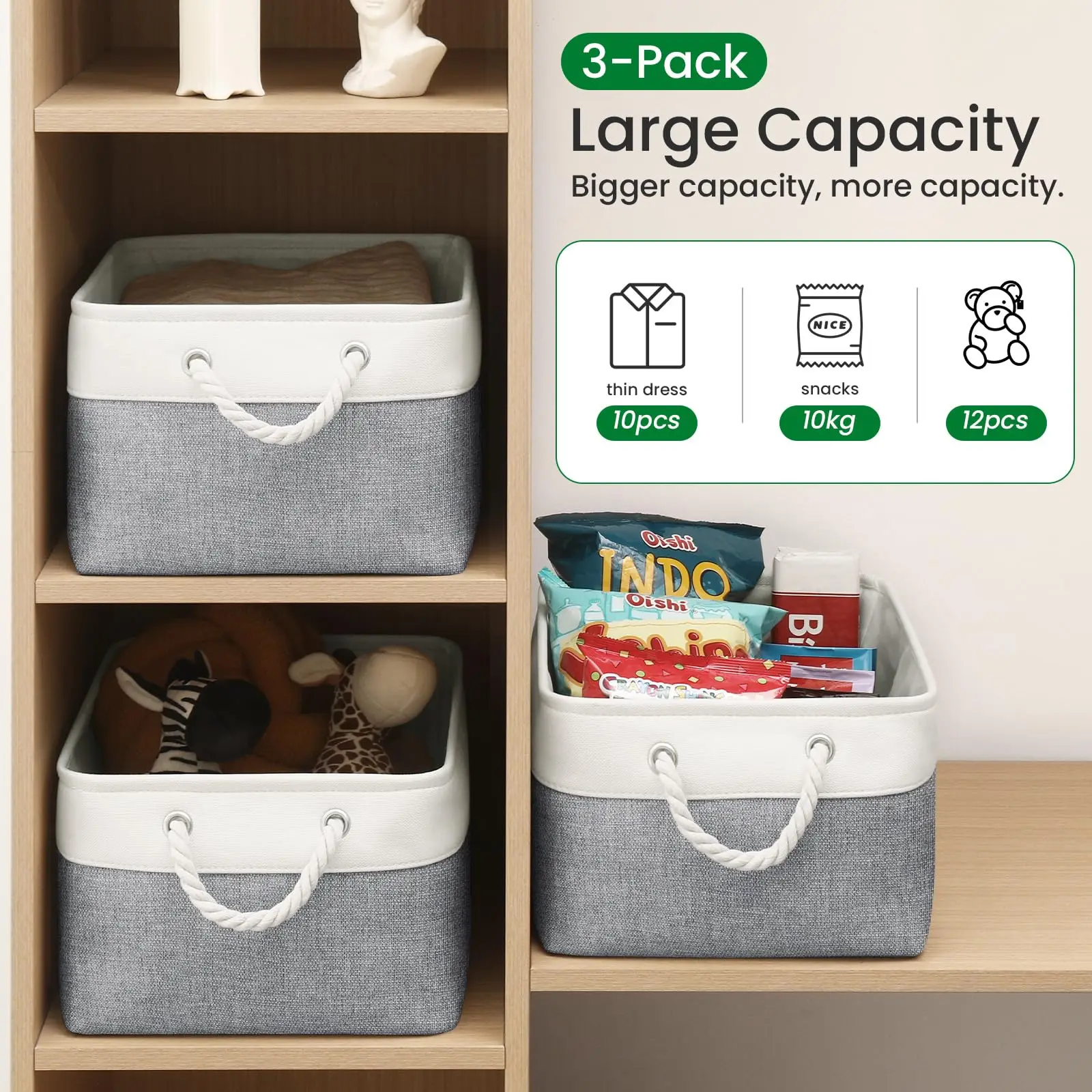 Small Storage Box Set of 3 Fabric Foldable Linen Canvas Wardrobe Storage Baskets Foldable Canvas Shelf Baskets for Living Room L 6