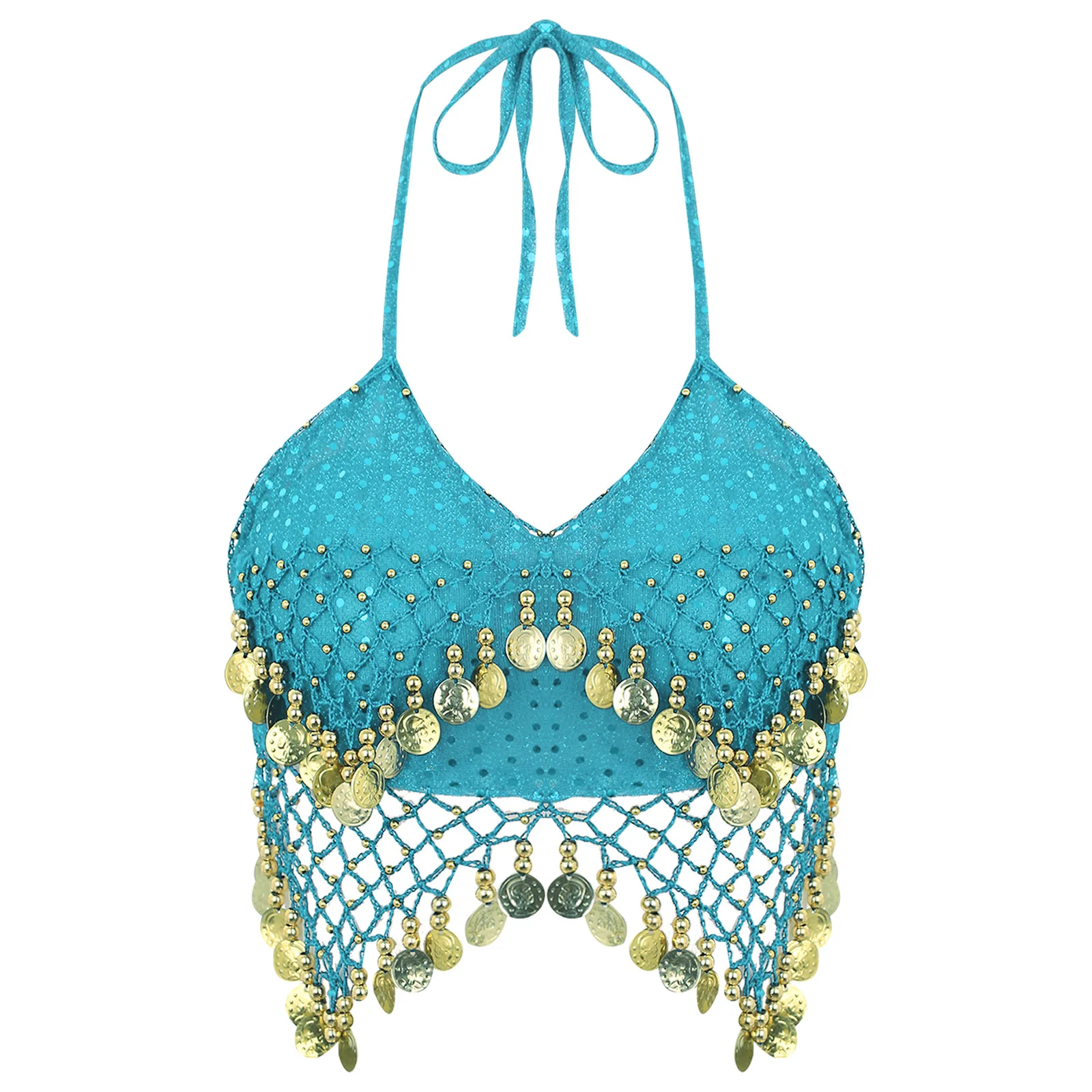 thumbnail image 1 of Top corto para danza del vientre para mujer, traje de actuación de danza del vientre, cuentas de plástico de malla, Top con sujetador Halter de lentejuelas con cordones y borlas nítidas, 1 of 5