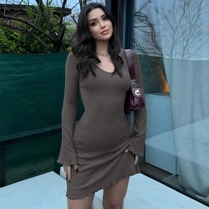 Minivestidos lisos de canalé con cuello redondo y manga larga, ropa de calle Y2K, venta al por mayor, elegante atuendo informal de verano para mujer