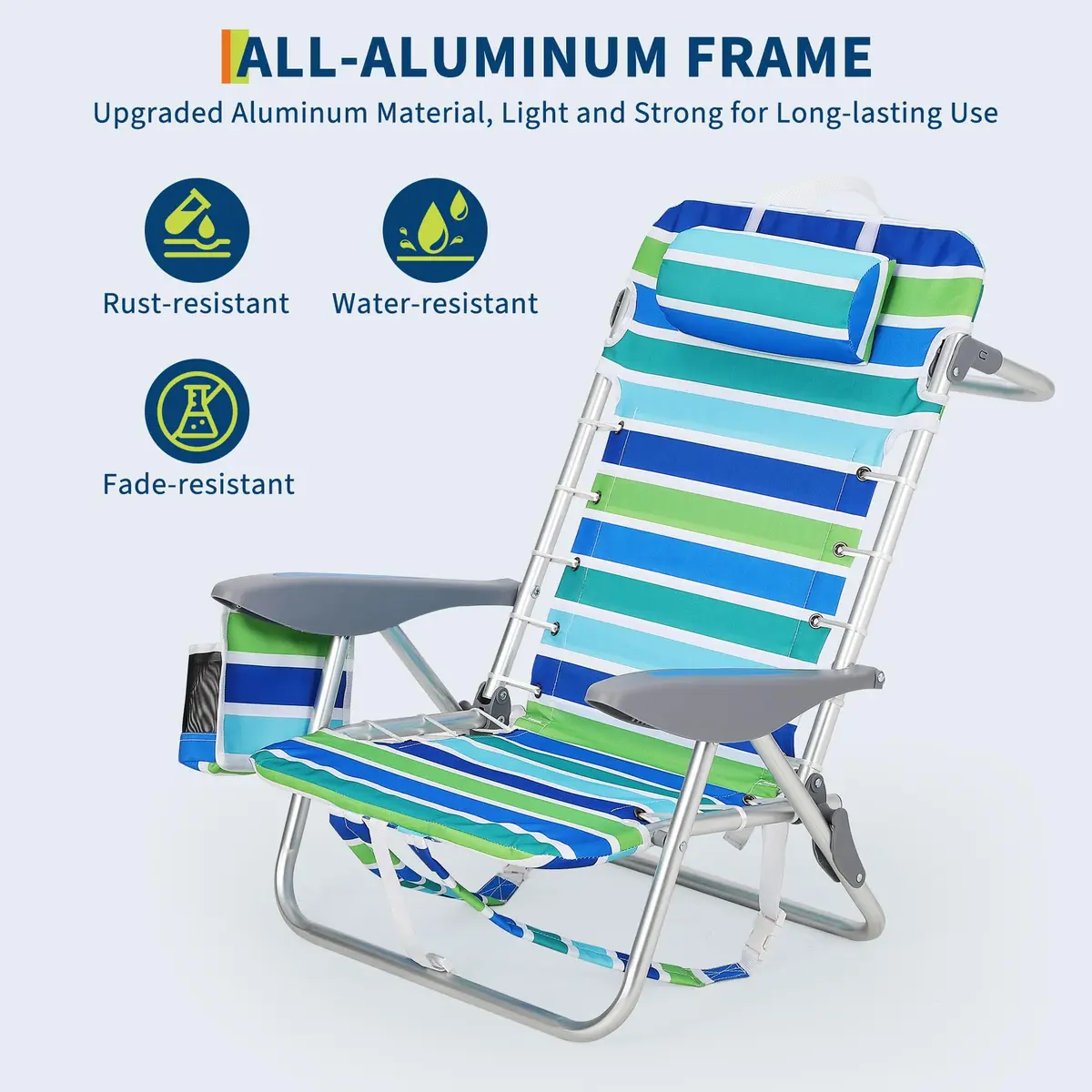 Portable Backpack Beach Chair 2 Pack 5 Reclining Positions Folding Outdoor Lounge w/Backpack Straps,Cup Holder for Camping Beach — view 4