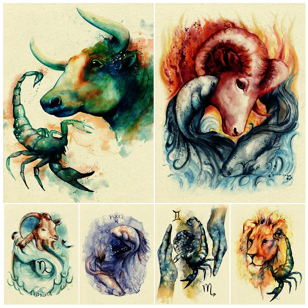 

Mysterious Creatures Of The Yellow Island Zodiac Vintage Wall Art Canvas Painting Lunar Witchcraft Astrology Art Poster Print