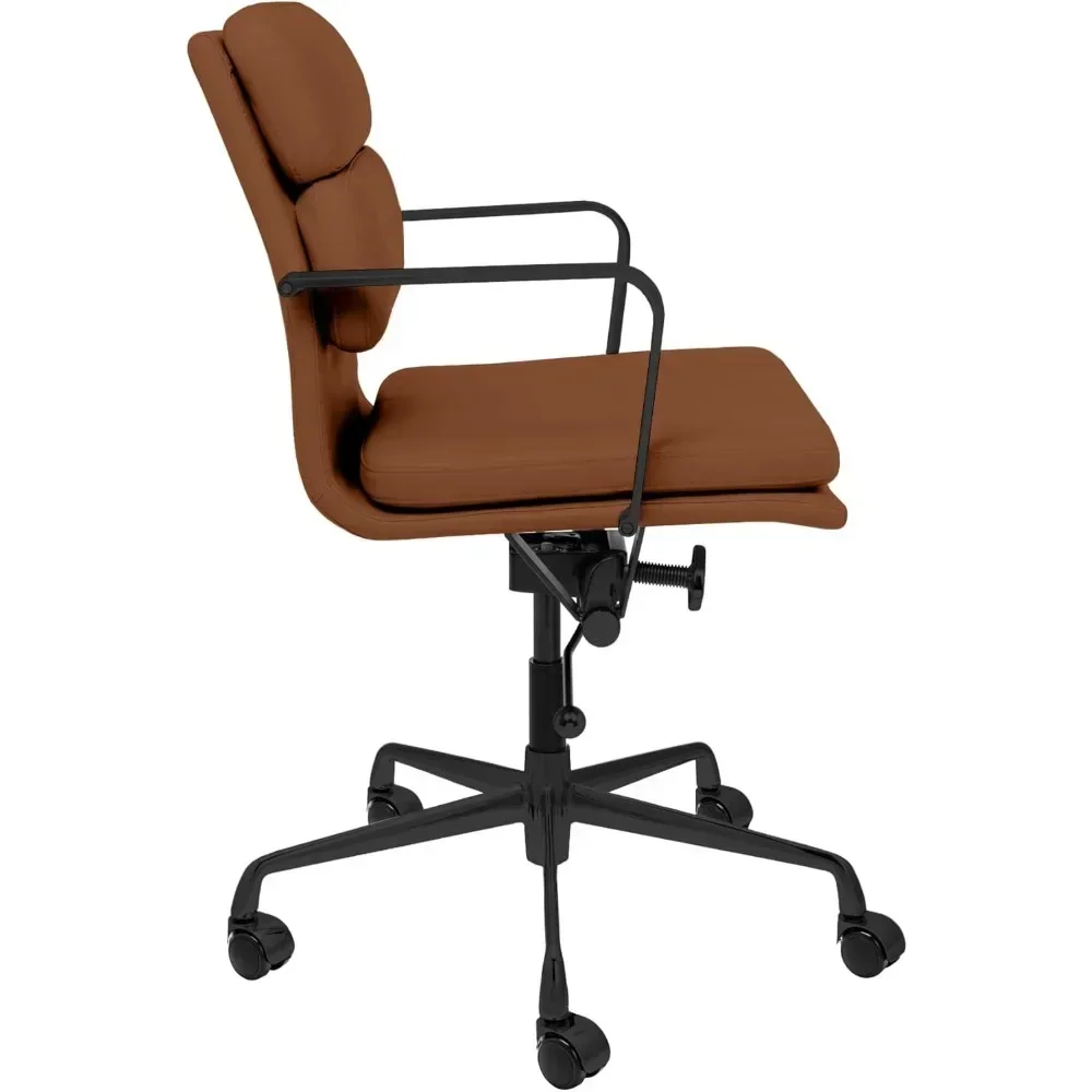 "mid-back ergonomic office chair with padded seat, armrests, swivel, and faux leather upholstery"