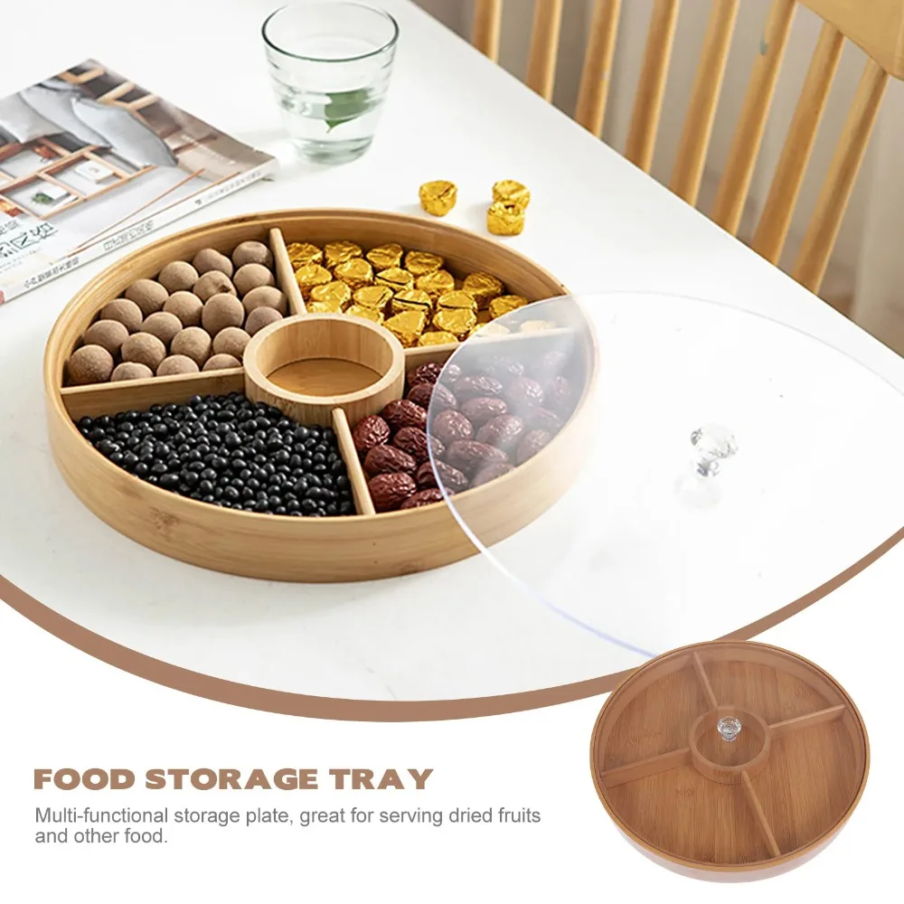 Bamboo Dried Fruit Snack Plate Compartment Food Storage Tray Appetizer Serving Platter Candy Pastry Nuts Dish With Lid 3