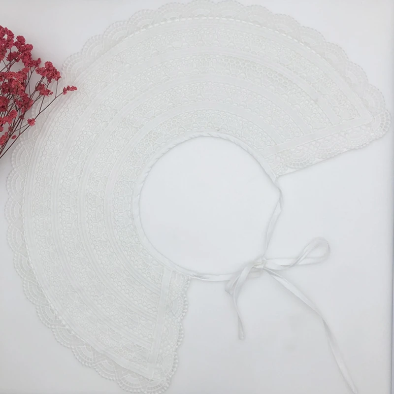

Women Elegant Double Layer Fake Collar Shawl Hollow Out Striped Lace Scalloped Trim Necklace Half Shirt Decorative Lace-Up Mini