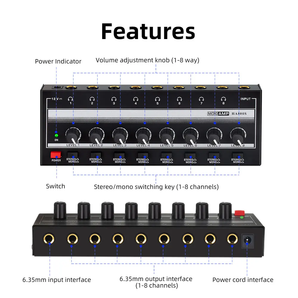 8 Channels Headphone Amplifier Mini Amplifier with Stereo/Mono Switch Profession