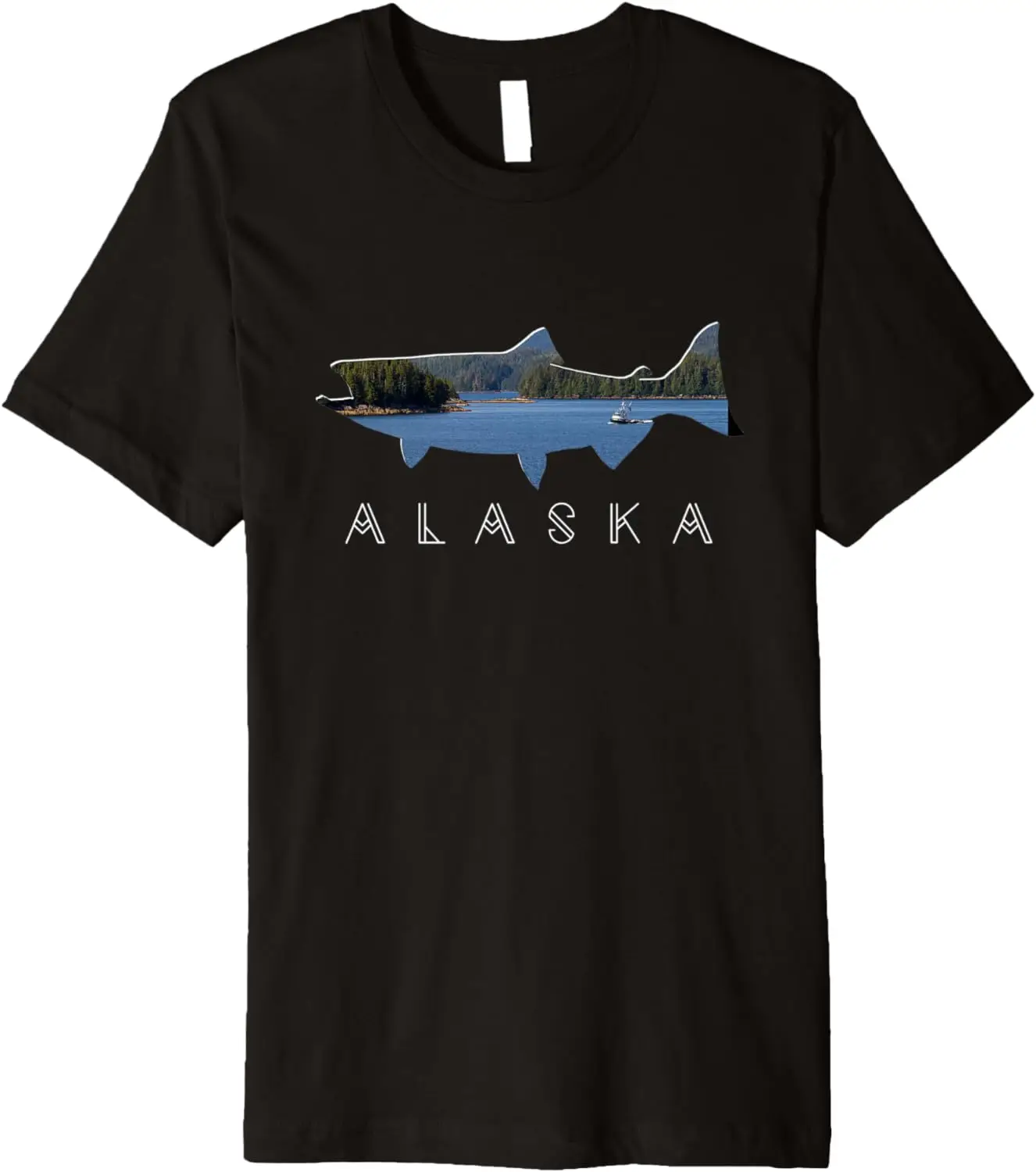 

Alaskan King Salmon with Fishing Boat Saltwater Fishermen Premium T-Shirt