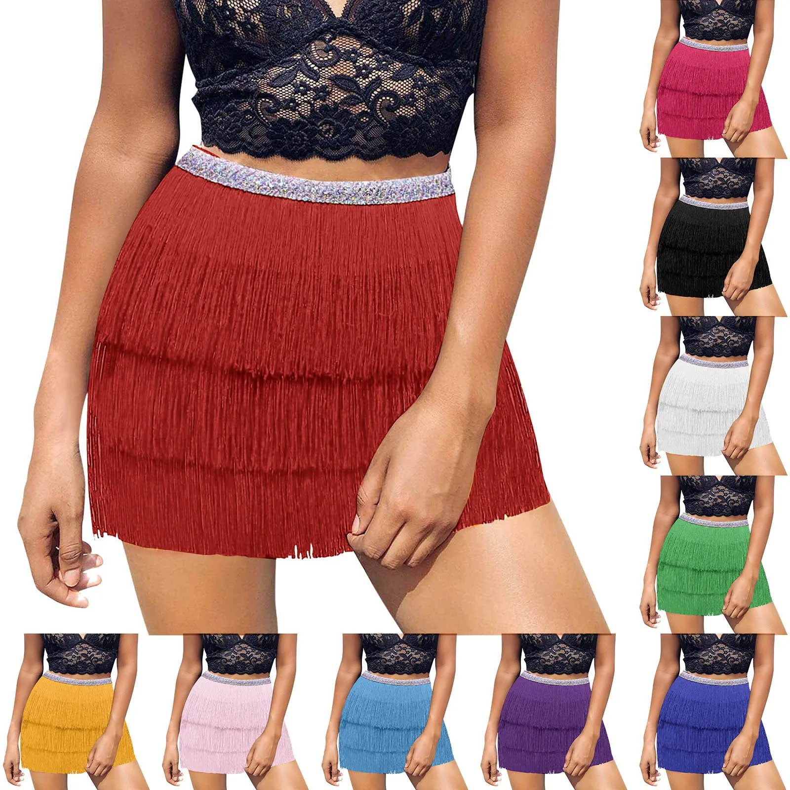 Women Sequin Belly Costume Skirt Carnival Tassel Skirt Club Mini Skirt Features: High Waist Summer Vintage Mini Skirts 2