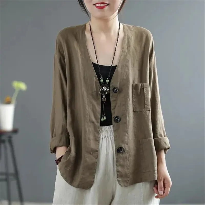 

Chinese Style Literary Cotton And Linen Jacket For Women Spring Summer Autumn Thin Jacket Long Sleeved Cardigan Top Sunscreen Cl