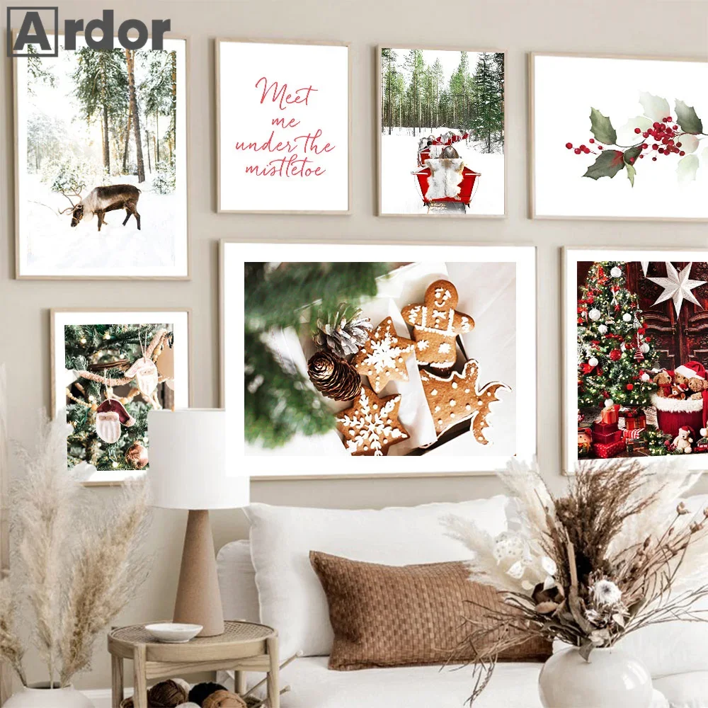 

Winter Snow Forest Poster Christmas Gifts Elk Car Christmas Tree Art Canvas Painting Nordic Print Wall Picture Living Room Decor