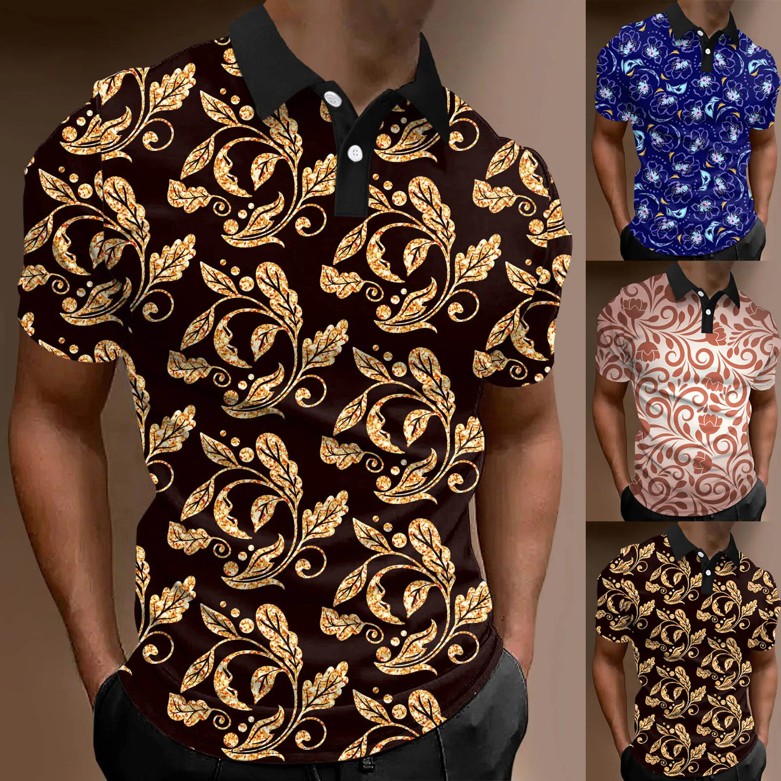 

Men Fashion Spring Summer Casual Short Sleeve Turndown Neck Printed T Shirts Top Blouse Cardigan Blouses Breathable