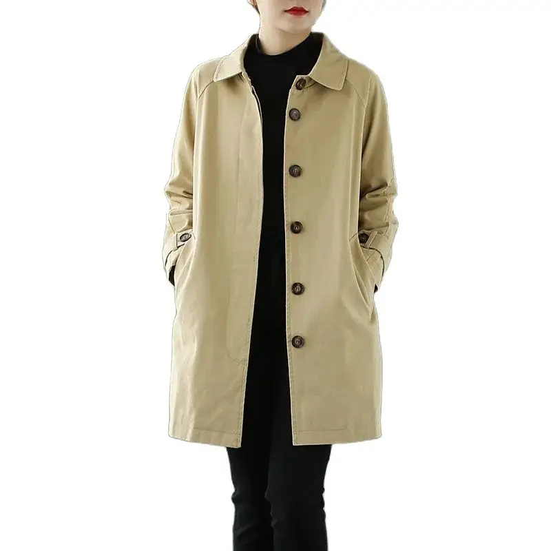 Washed Cotton Trench Coat Women's Spring Autumn Korean Loose Windbreaker Casual Mid-Length Single-Breasted Khaki Outerwear |