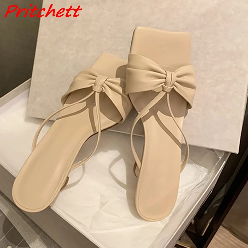 

Butterfly Knot Summer Slippers Square Toe One Word Belt Slip On Chunky Heels 2024 Outdoor Sweet Casual Party Modern Women Slides