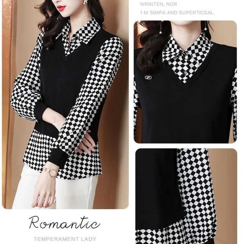 Women's Clothing Polo-Neck Long Sleeve Spring Autumn Office Lady Commuter Fake Two Pieces Plaid Spliced Shirt Pullovers