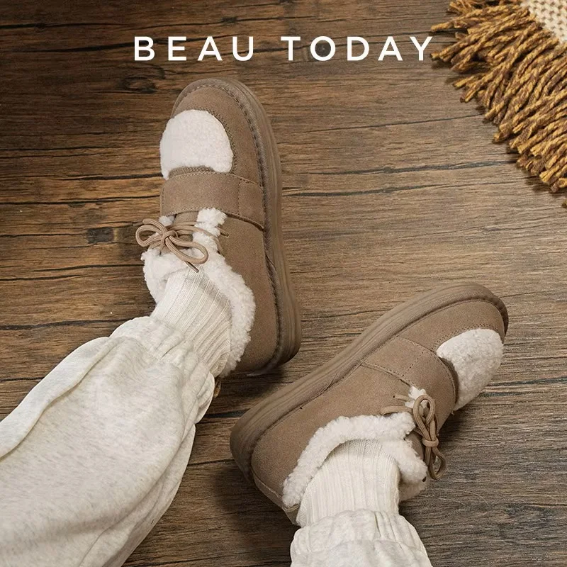BEAUTODAY Furry Flats Women Cow Suede Round Toe Solid Color Hook & Loop Lace-Up 2023 Winter Ladies Warm Shoes Handmade 27843 2