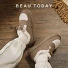BEAUTODAY Furry Flats Women Cow Suede Round Toe Solid Color Hook & Loop Lace-Up 2023 Winter Ladies Warm Shoes Handmade 27843 2