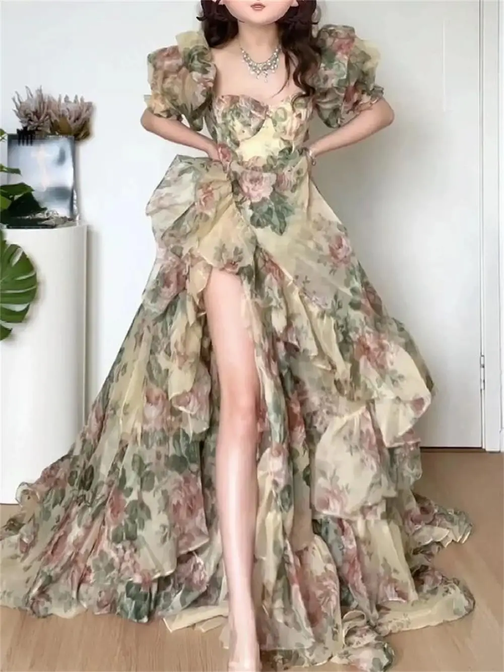 

OEING Pastrol Charming Lady Short Sleeves Evening Prom Gown Ruffled Chiffon Side Slit Women Dresses For Party And Wedding