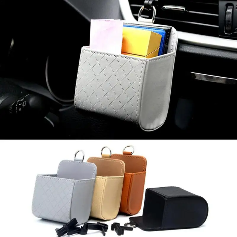 Car Air Vent Cruscotto Organizer Pu Leather Auto Mobile Phone Holder Box Hanging Storage Bag Per Sunglass Tickets Car Styling