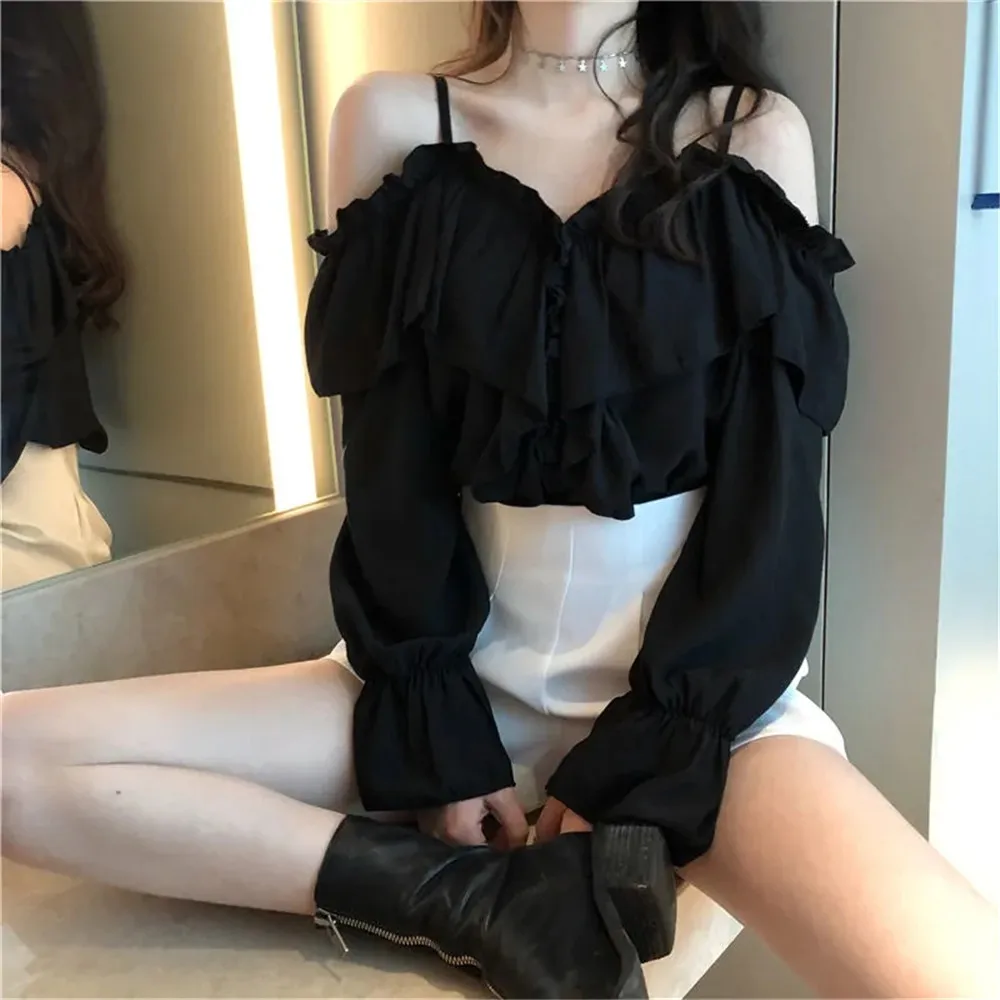 Y2K Ruffles Sexy Off Shoulder Blouses Women Party Design Stylish Ulzzang Long Sleeve Harajuku Solid All-match Soft Ins Crop Tops 2
