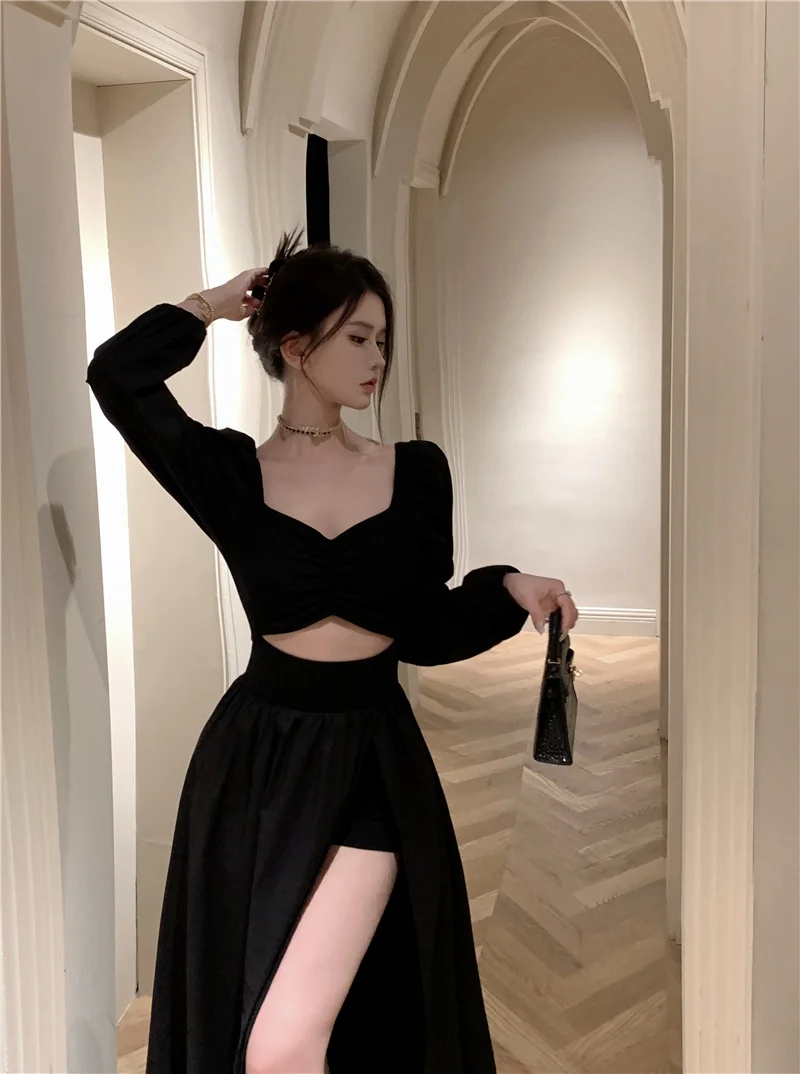 Elegant Black Long Dresses for Women Long Sleeve Square Collar Hollow Out High Slit Evening Party Dress Prom Robe Vestidos Mujer