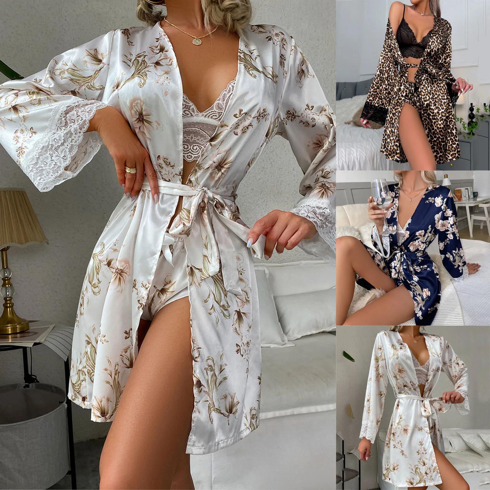 Sexy Bathrobe Allover Leopard Print Nightdress Mesh Nightwear Cozy Bridesmaid Wedding Party Belted Robe Lingerie Satin Pajamas Women Sleepwear