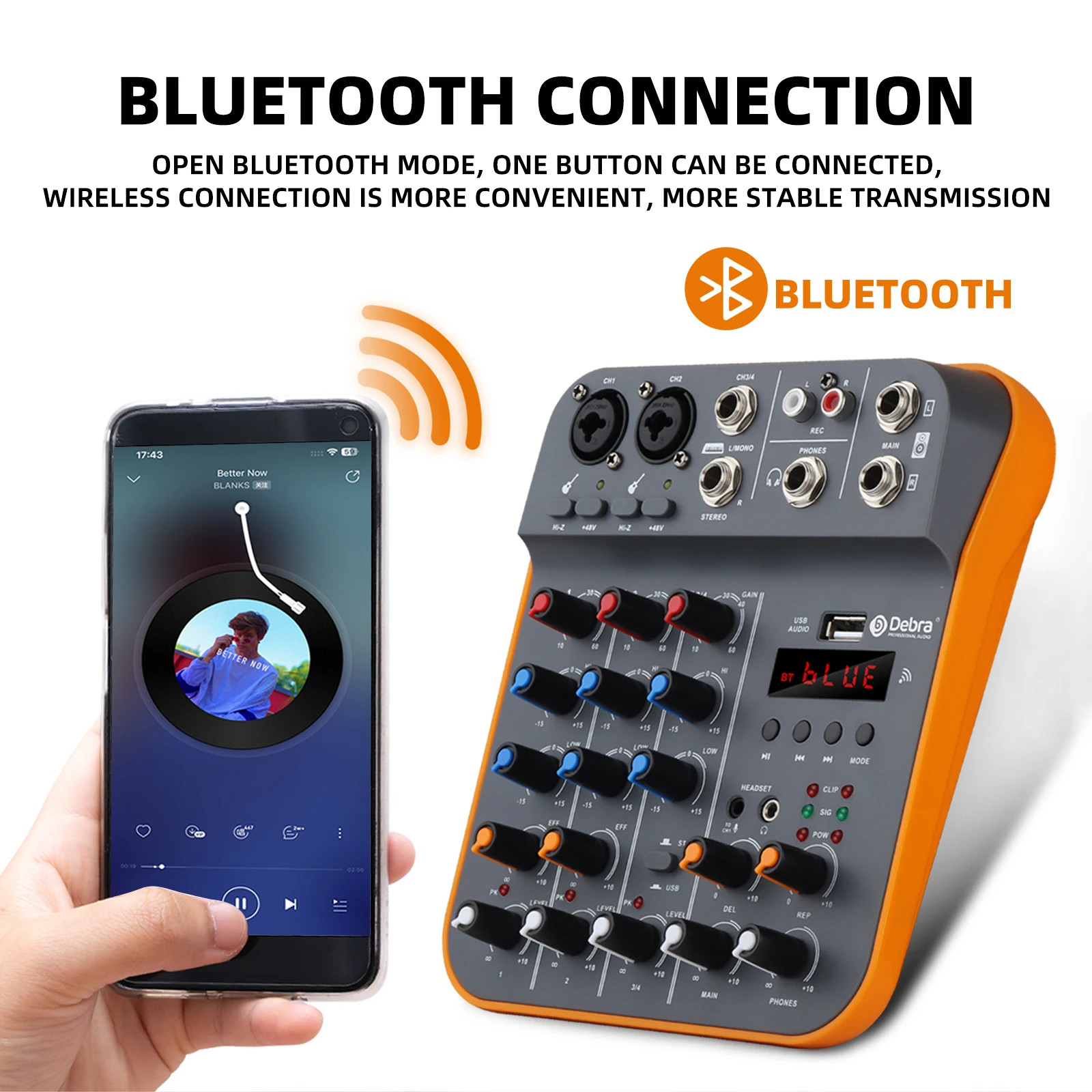 IKGE D4M Mini 4-Channel Audio Mixer audio mixer audio interface DJ Console Mixer with Reverb Bluetooth USB Sound Card 48V for Karaoke Singing PC Recording
