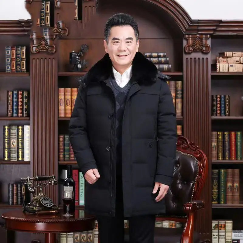 

Middle-aged and Elderly Down Jacket Men's Long Fashion Youth Thick Warm Dad Winter Loose Elderly Coat Large Size Detachable Cap