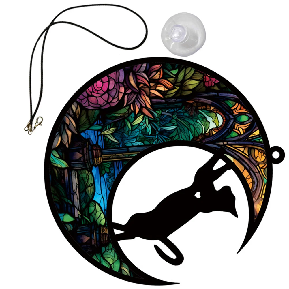 

Cute Cat Moon Wall Pendant Acrylic Hanging Ornament Cat Moon Window Craft Sculpture With Rope Sucker Hook For Window Porch Decor