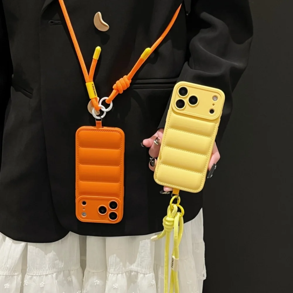 Stylish Down Jacket Crossbody Phone Case with Long Strap - Solid Color Cover