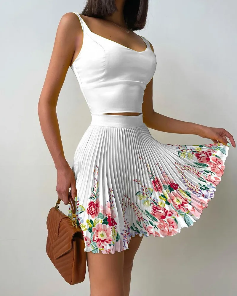 2023 Summer New Fashion All-match Floral Print Camisole and Pleated Skirt Set Ensemble Femme 2 Pièces été